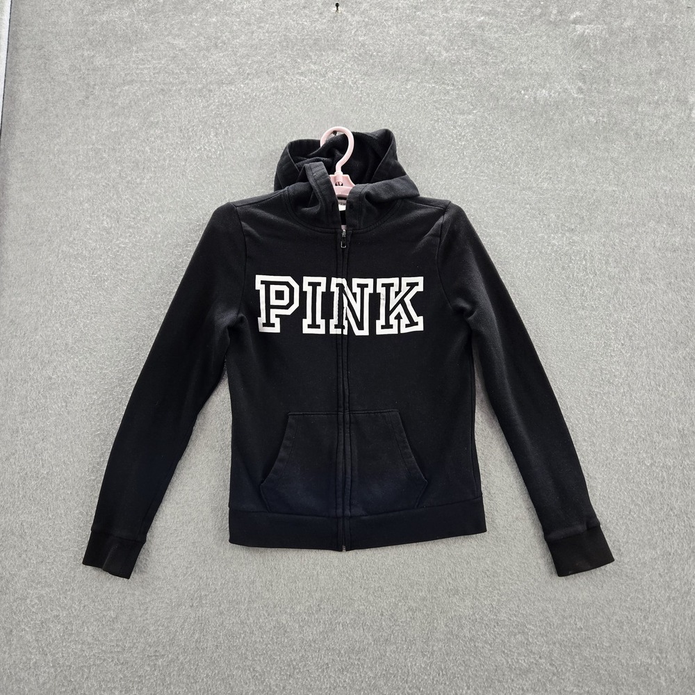 PINK‎ Victoria's Secret Women Hoodie S Black Fleece Logo Activewear